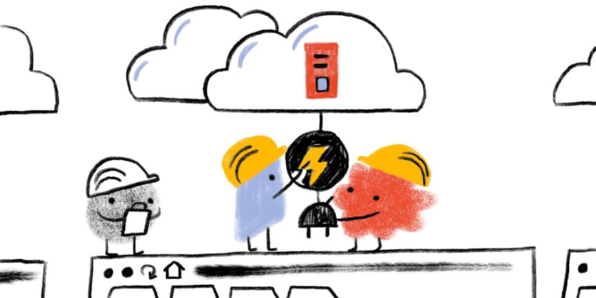 Web Almanacのキャラクターが雲からウェブページにプラグを差し込んでいるヒーローイメージ。